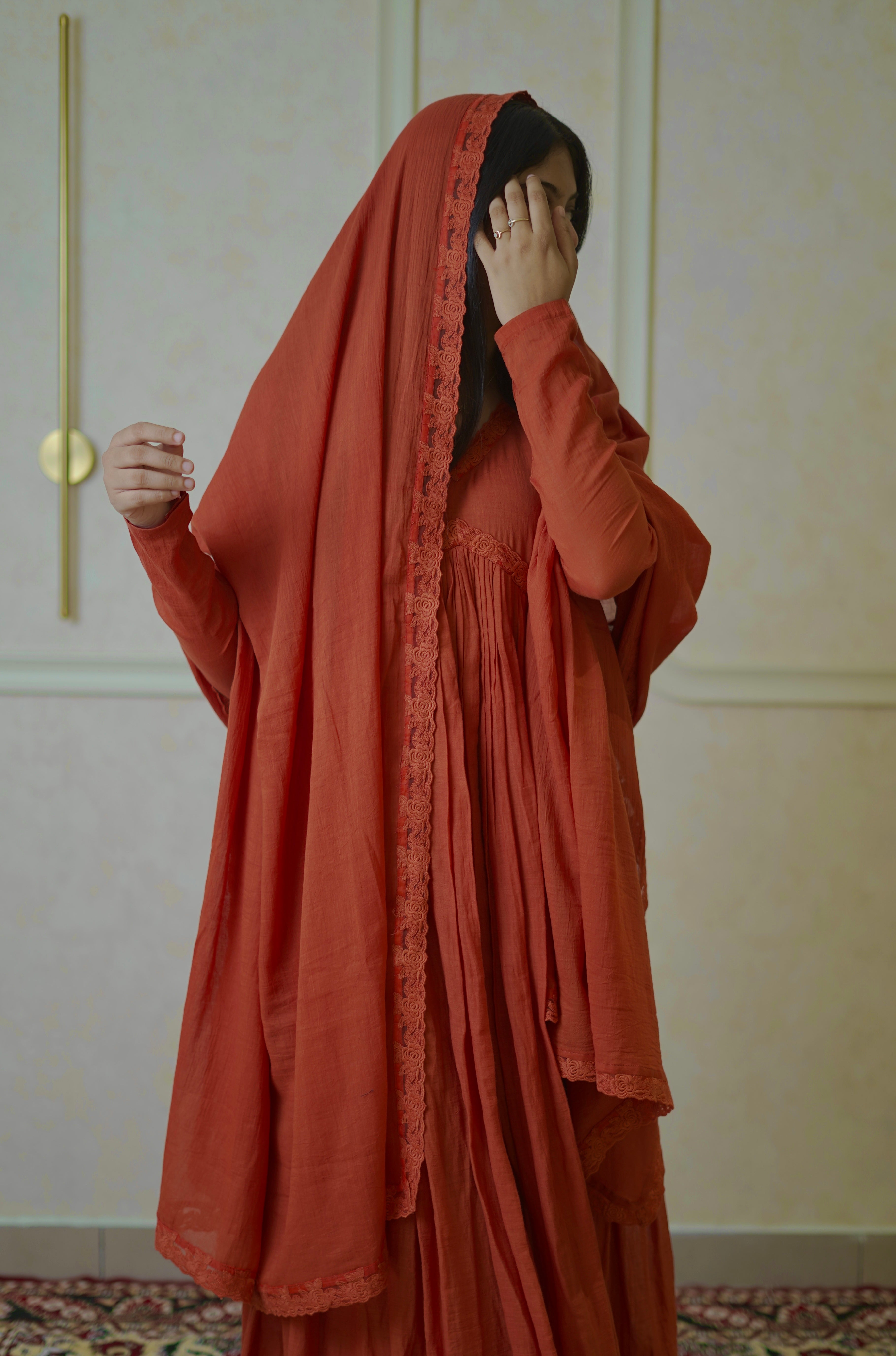Pure Chanderi Aliacut Suit - Burnt Orange