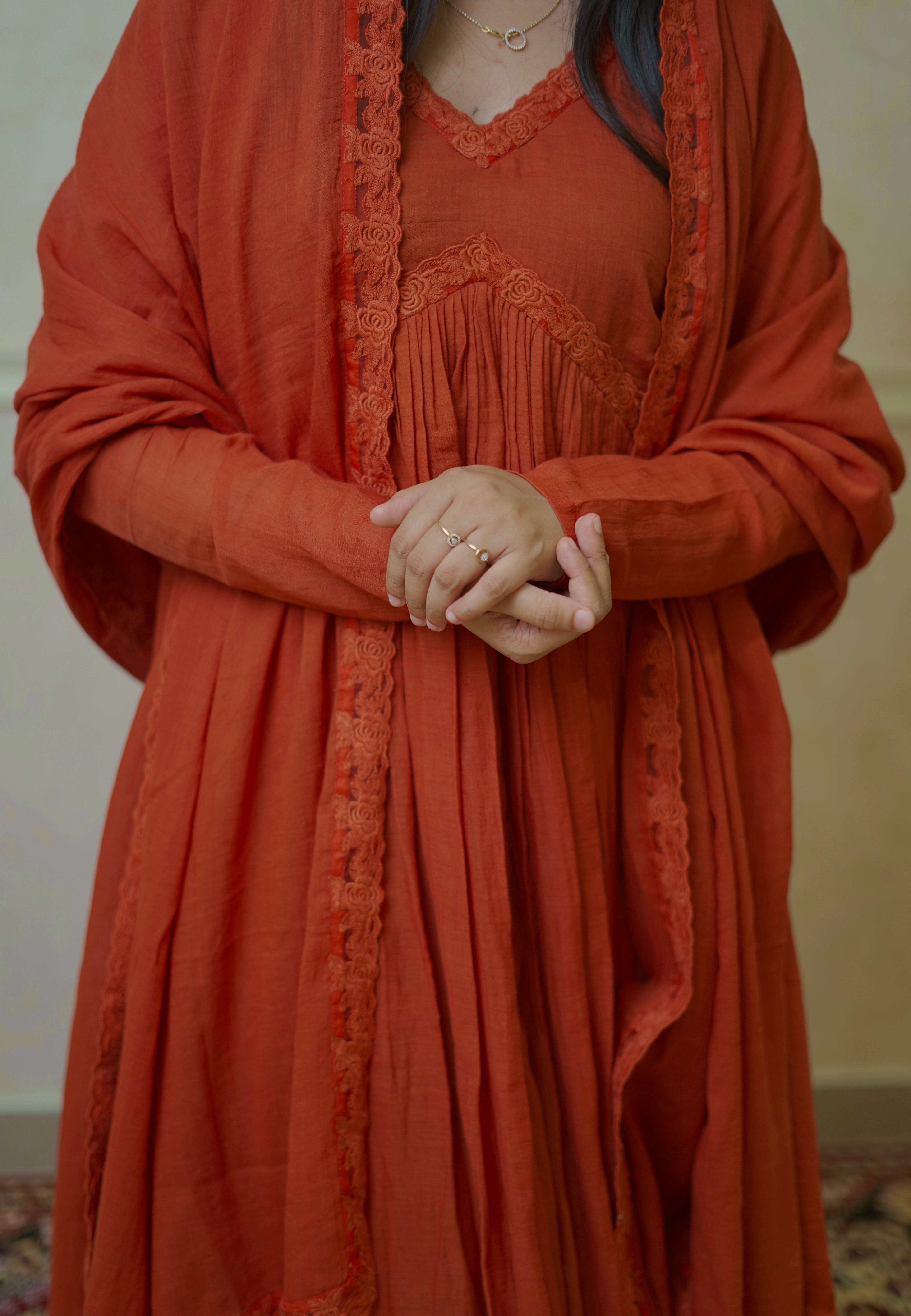 Pure Chanderi Aliacut Suit - Burnt Orange