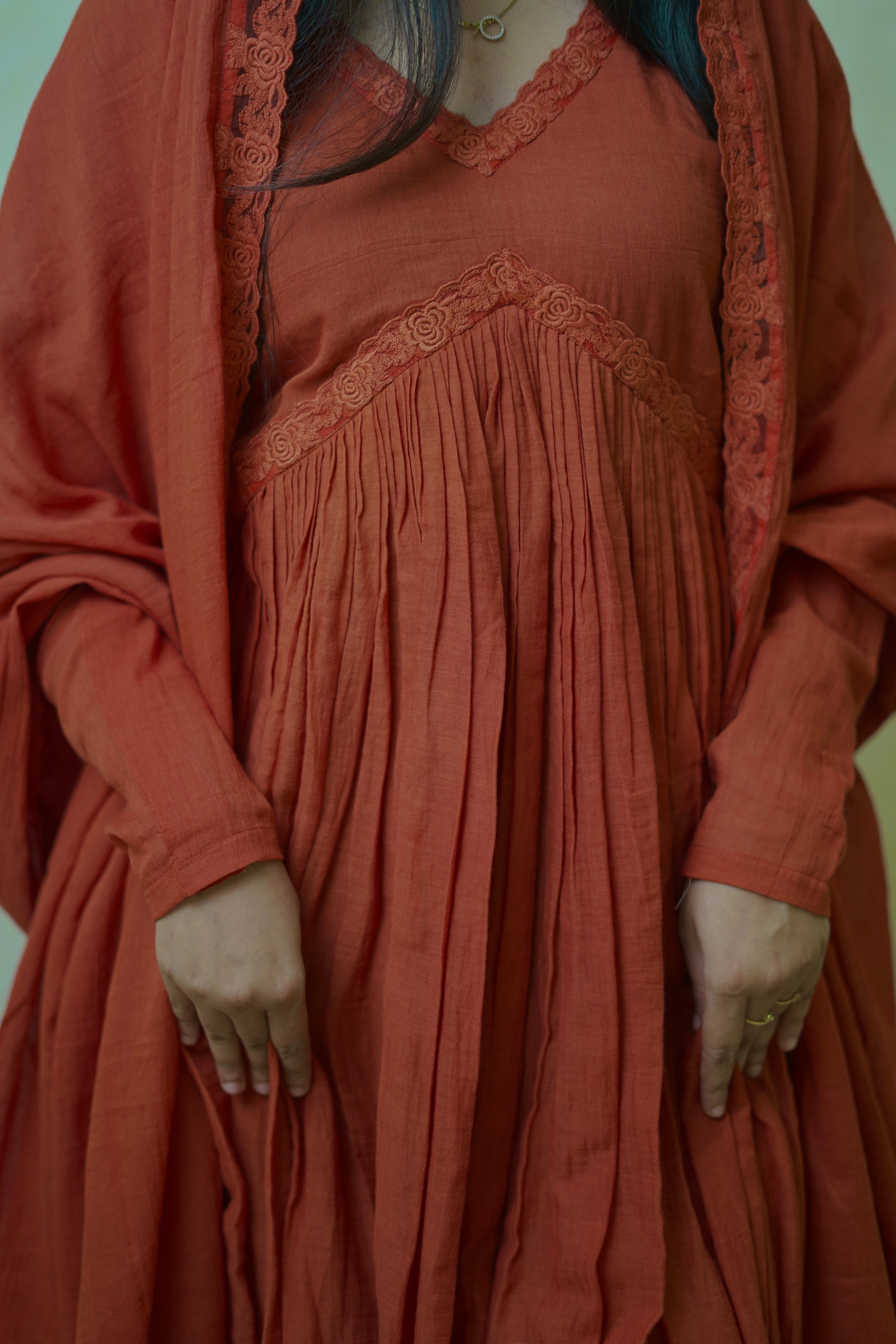 Pure Chanderi Aliacut Suit - Burnt Orange