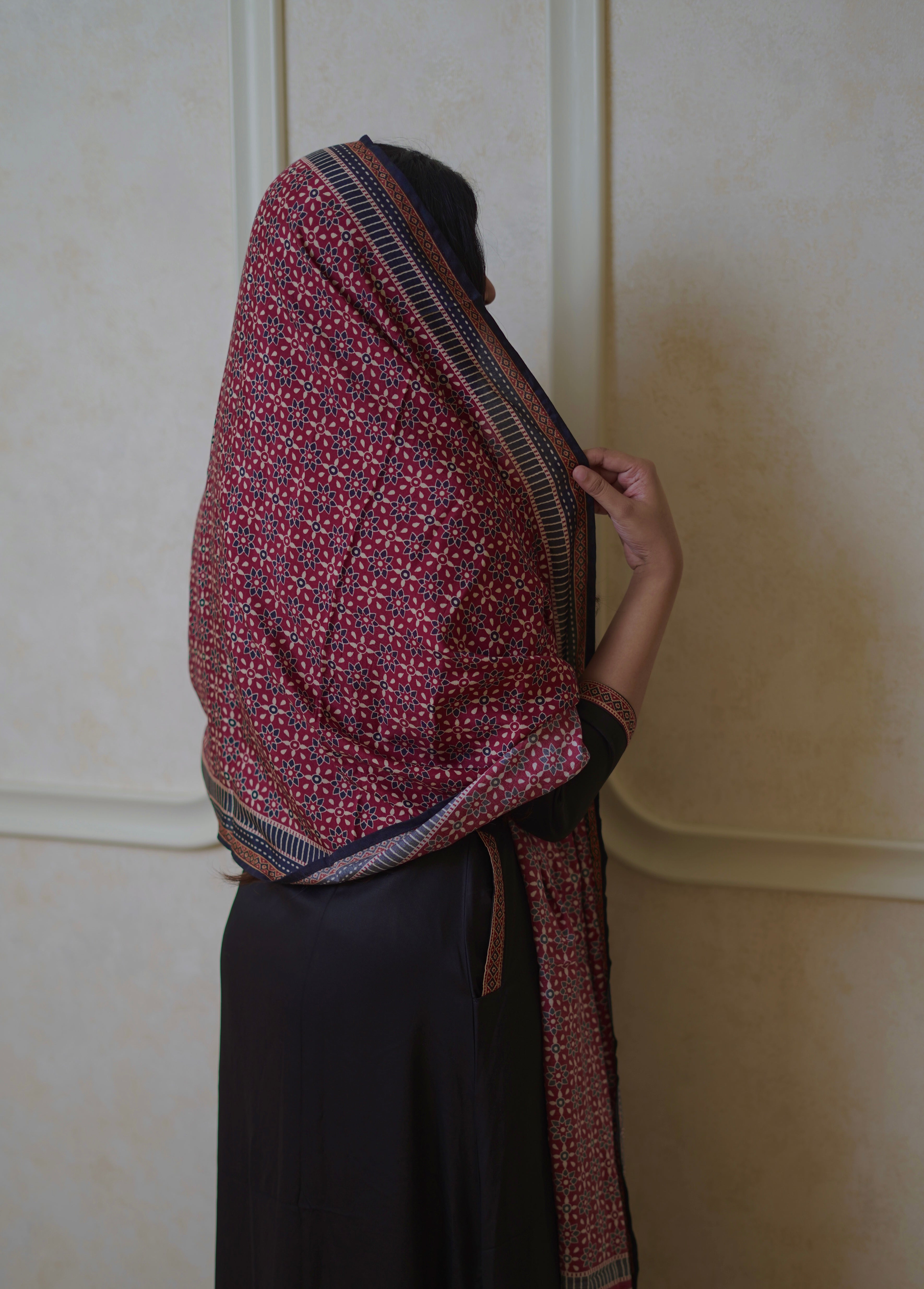 Soft Cotton Crimson Suit Set With Ethnic Print Duppatta - Black