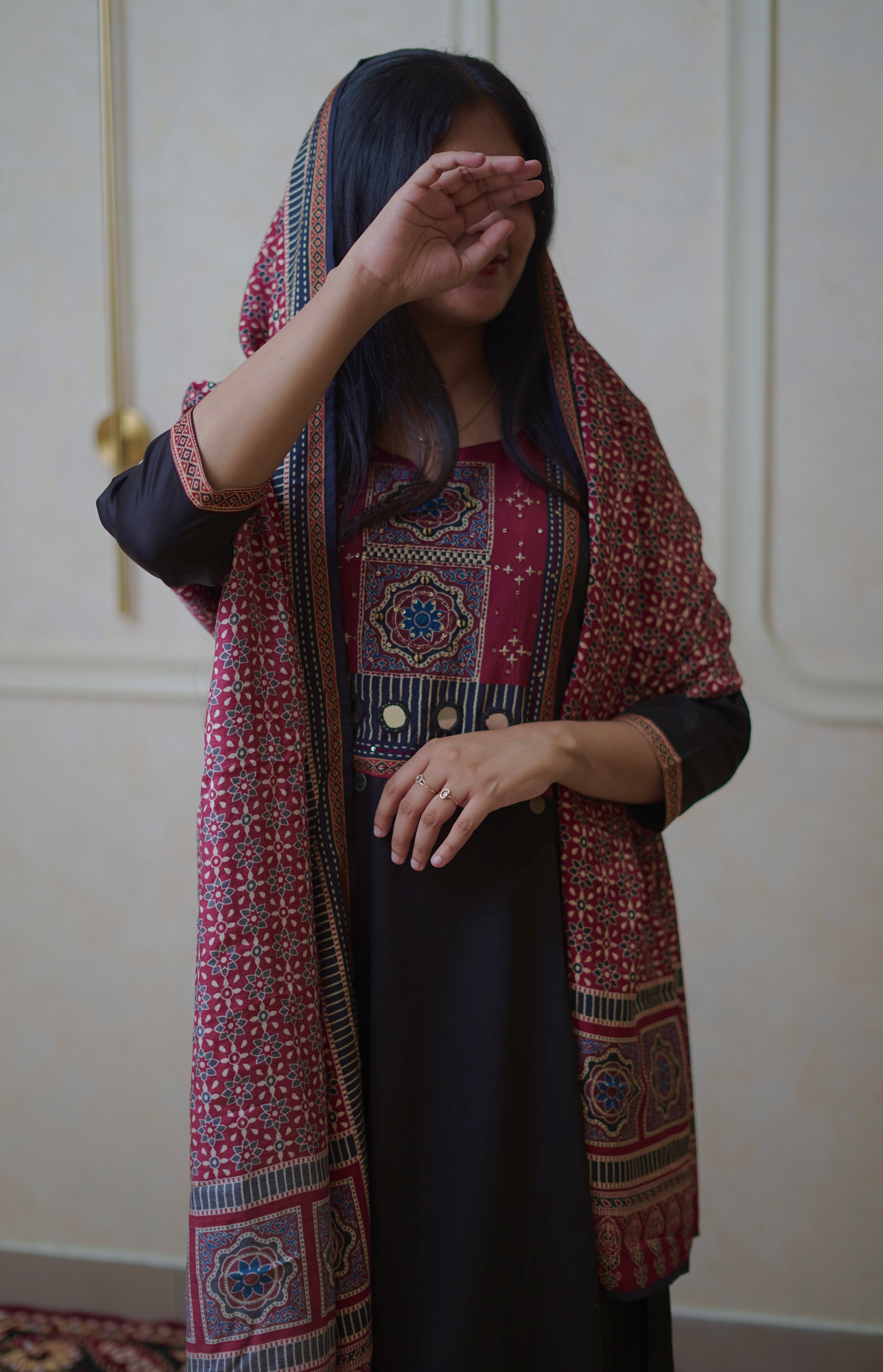 Soft Cotton Crimson Suit Set With Ethnic Print Duppatta - Black