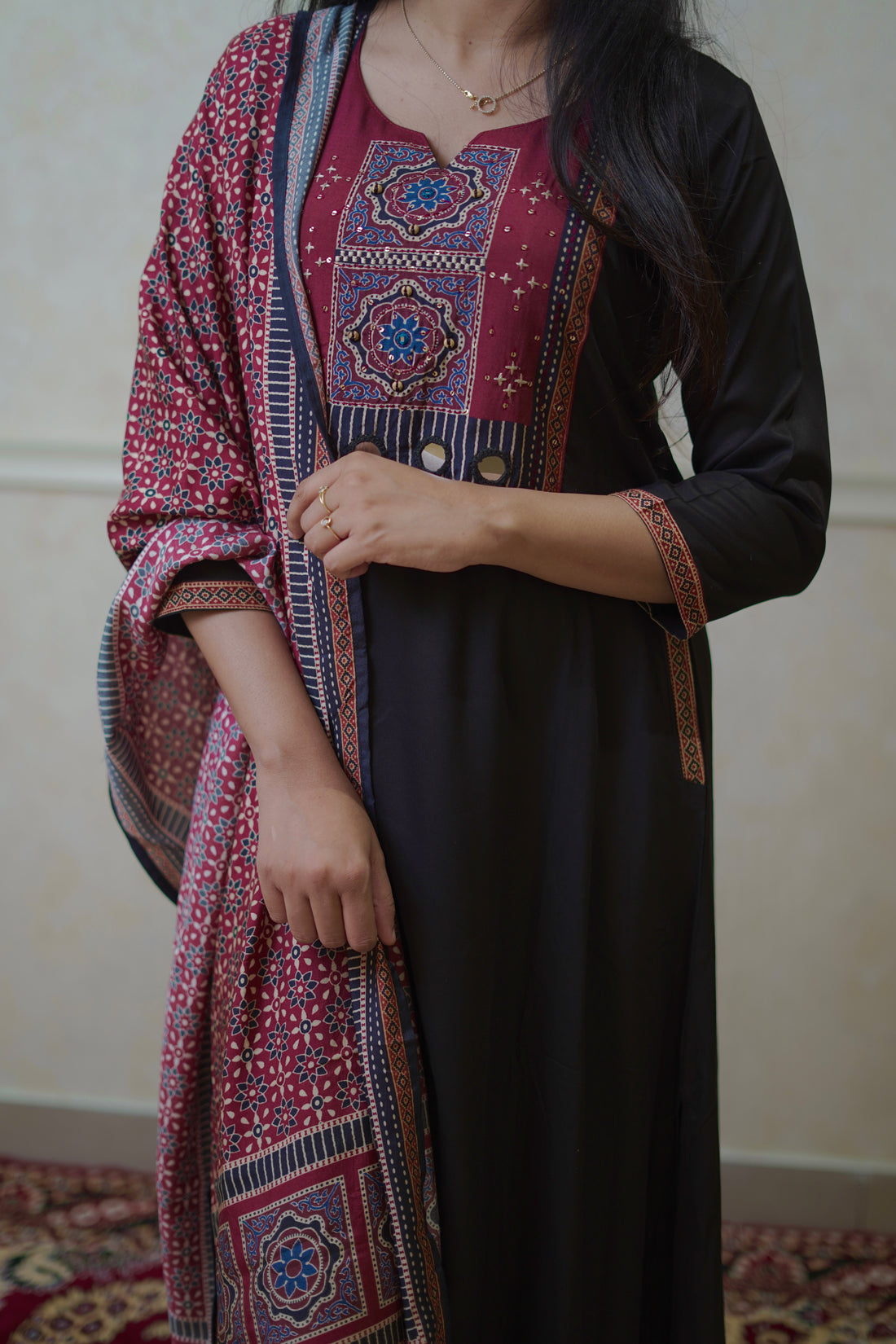 Soft Cotton Crimson Suit Set With Ethnic Print Duppatta - Black