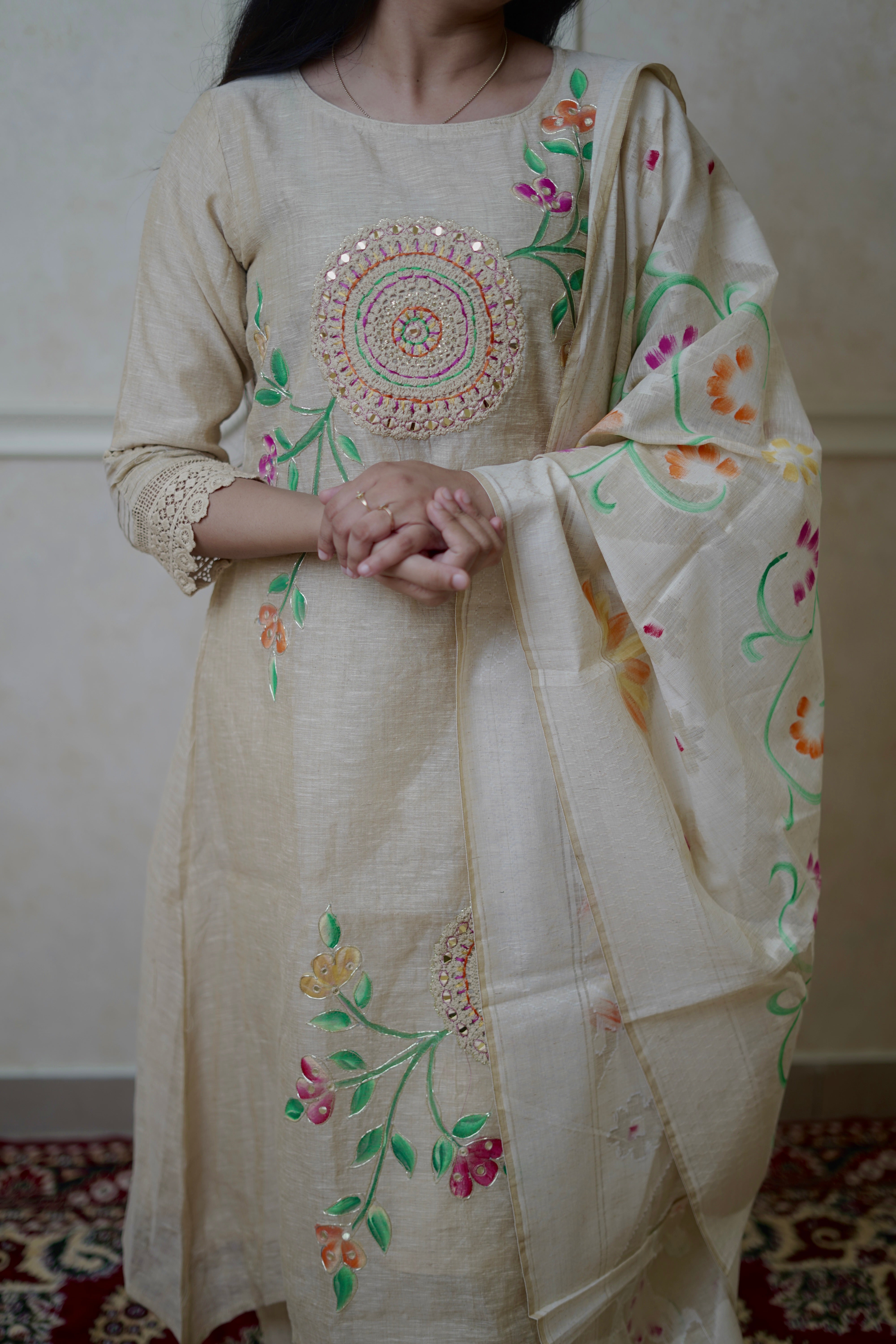 Linen Cotton Handpainted Beige Suit Set