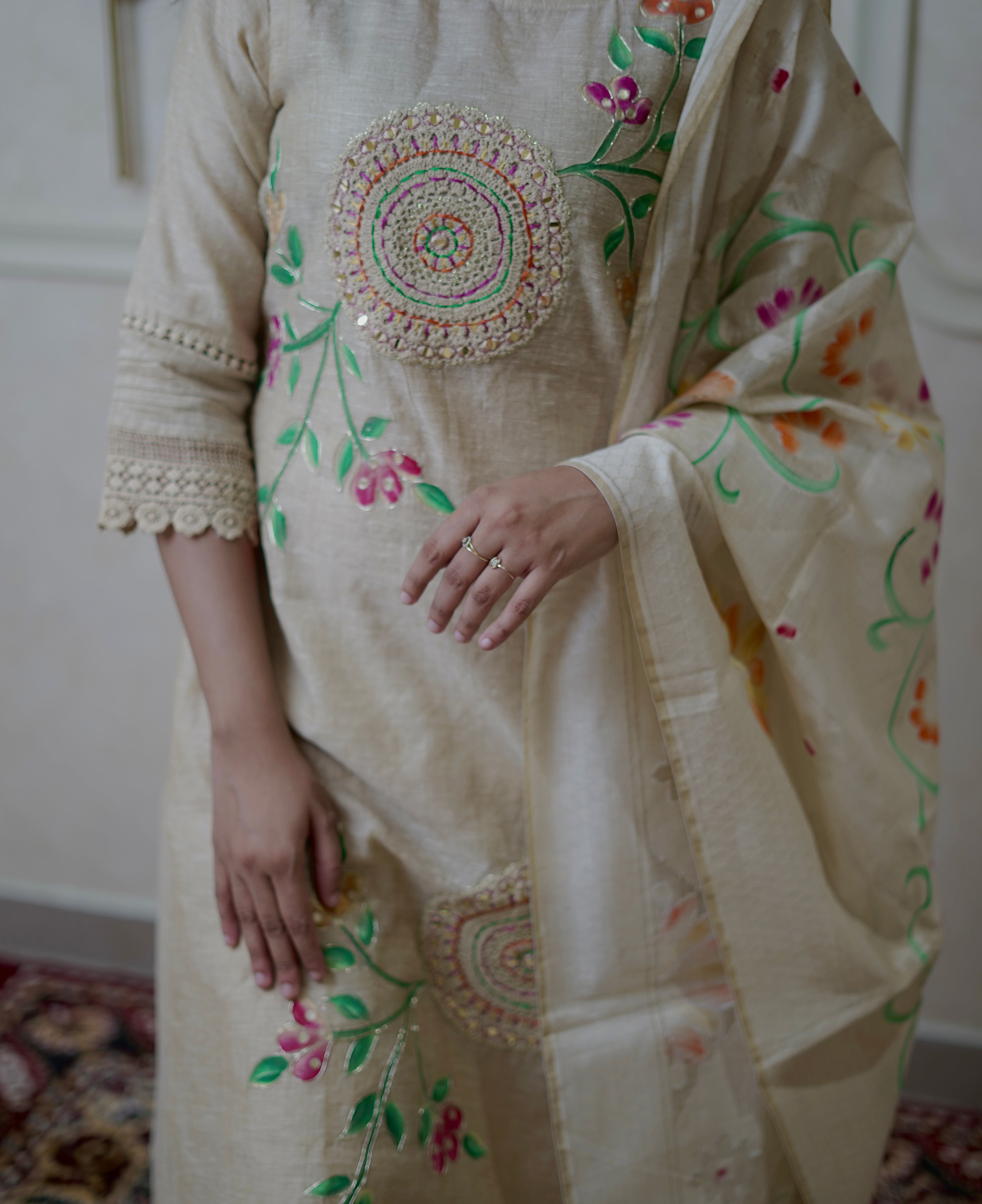 Linen Cotton Handpainted Beige Suit Set