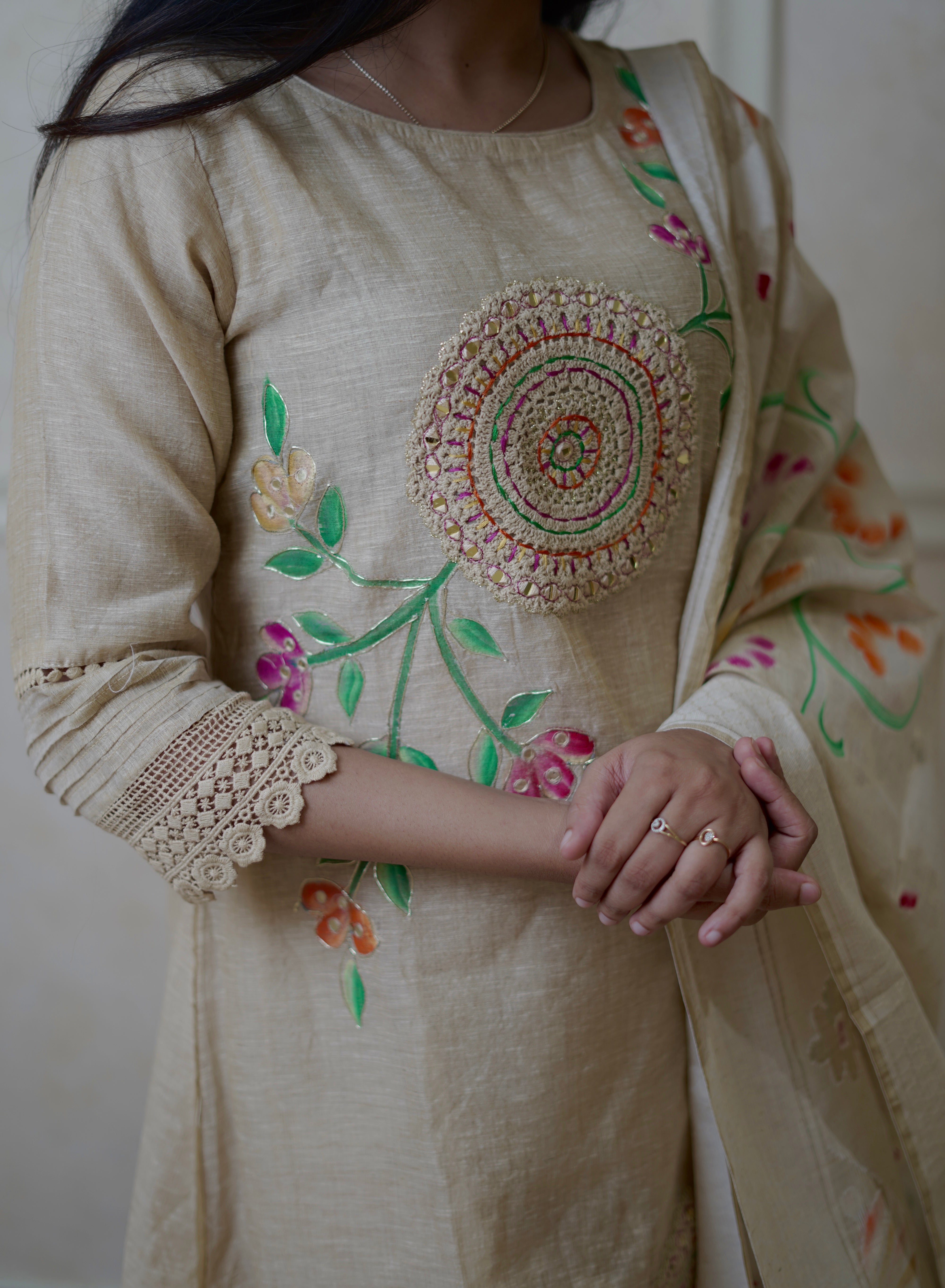 Linen Cotton Handpainted Beige Suit Set
