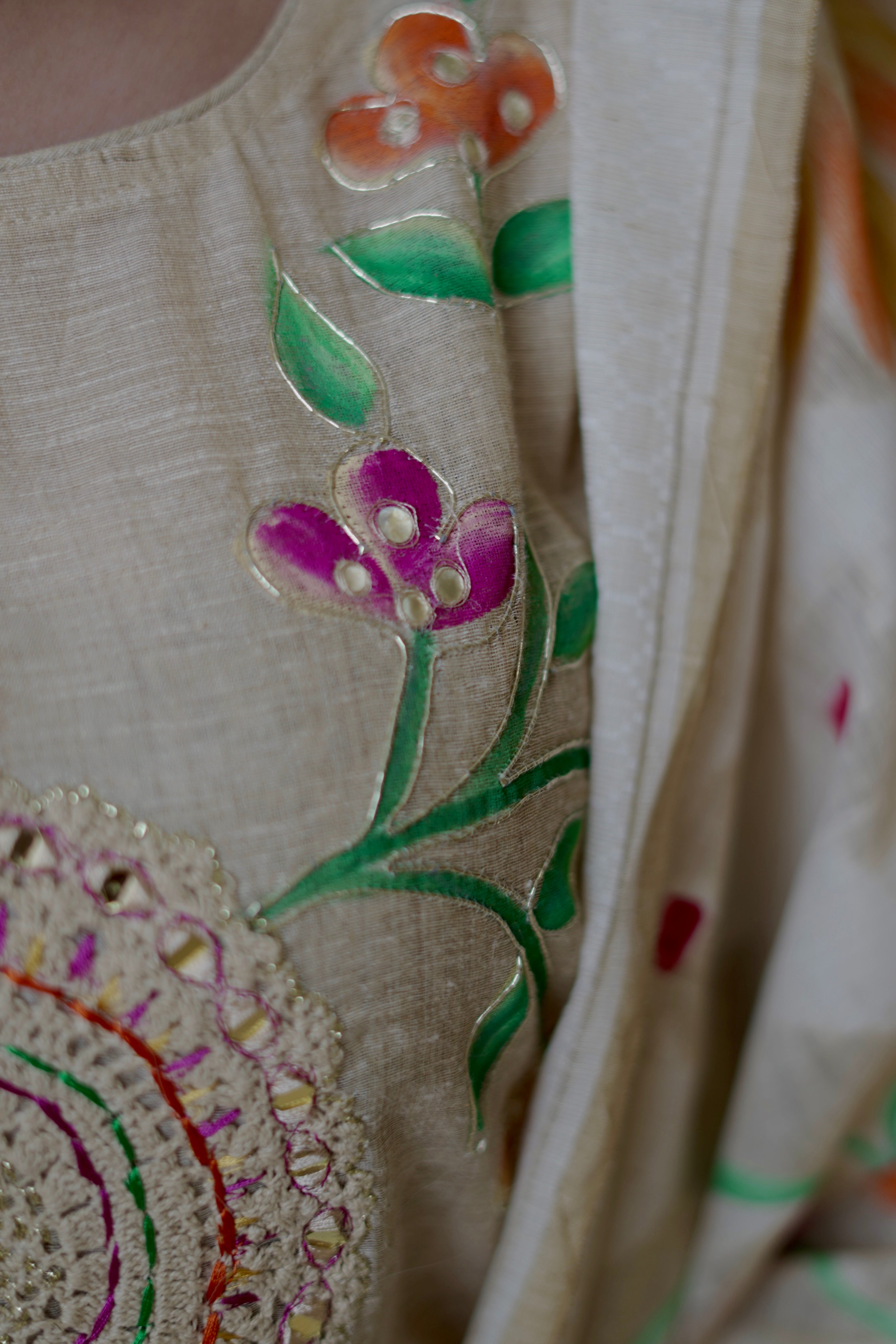 Linen Cotton Handpainted Beige Suit Set