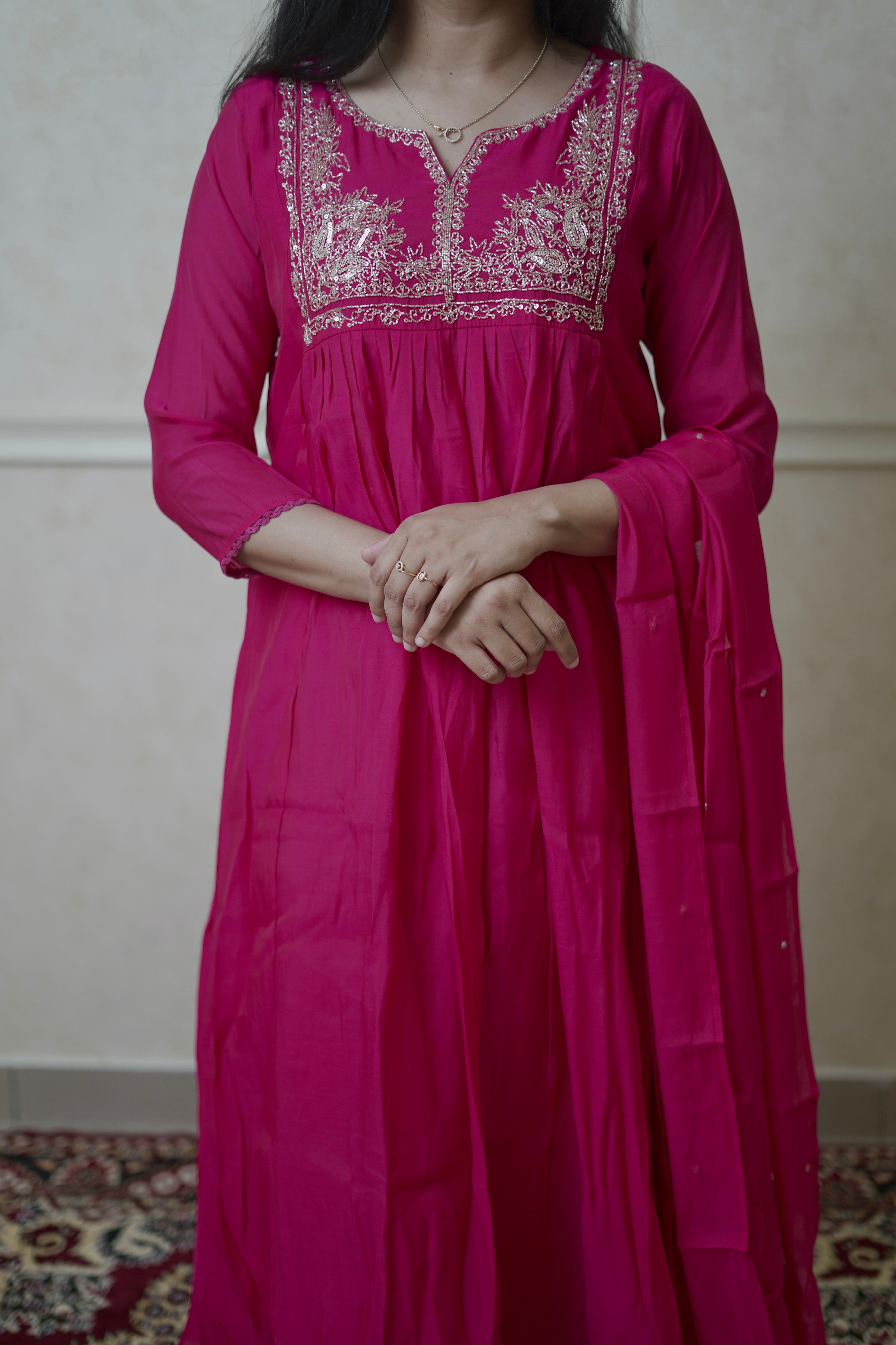 Semi Chanderi Salwr Set - Rani Pink