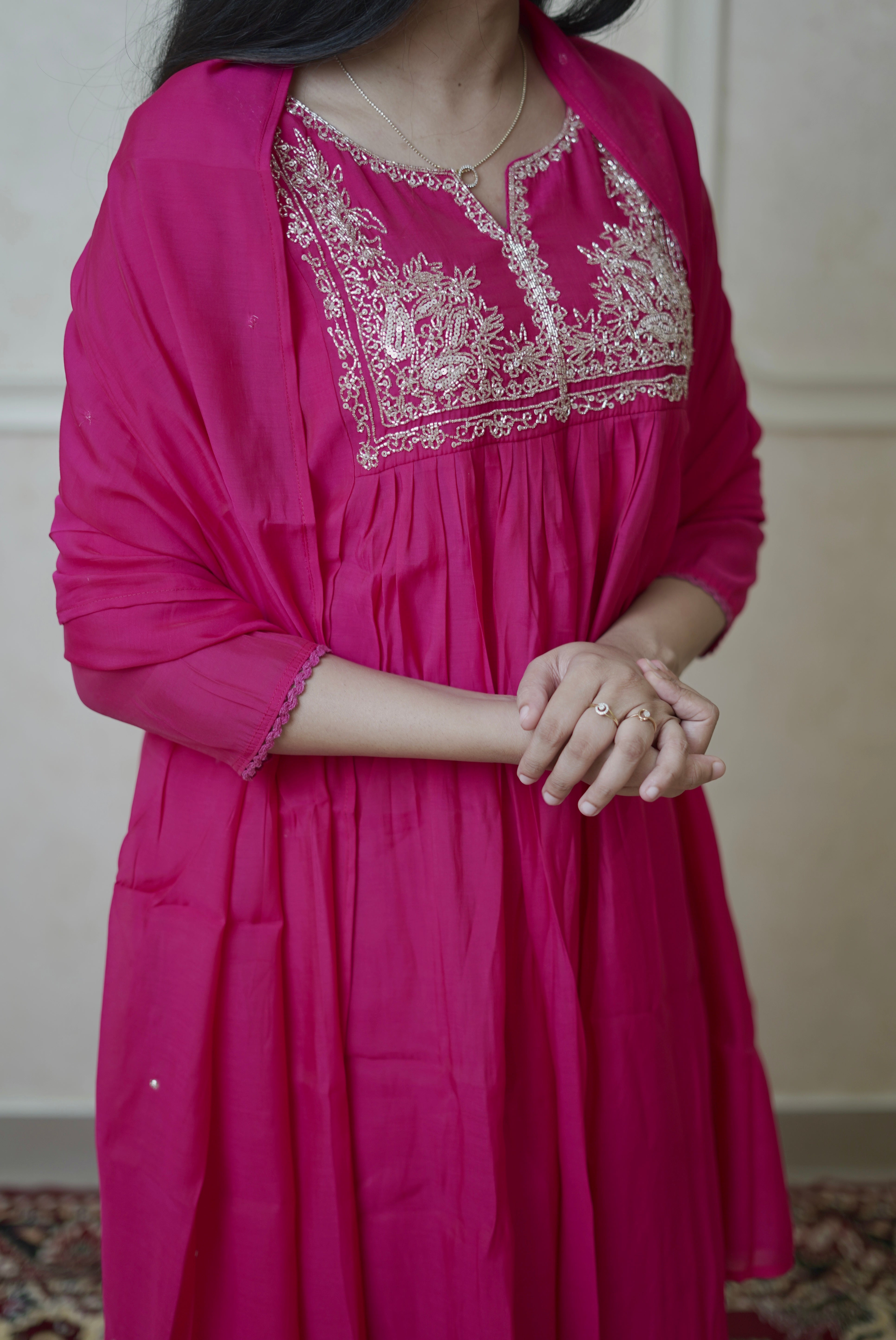 Semi Chanderi Salwr Set - Rani Pink