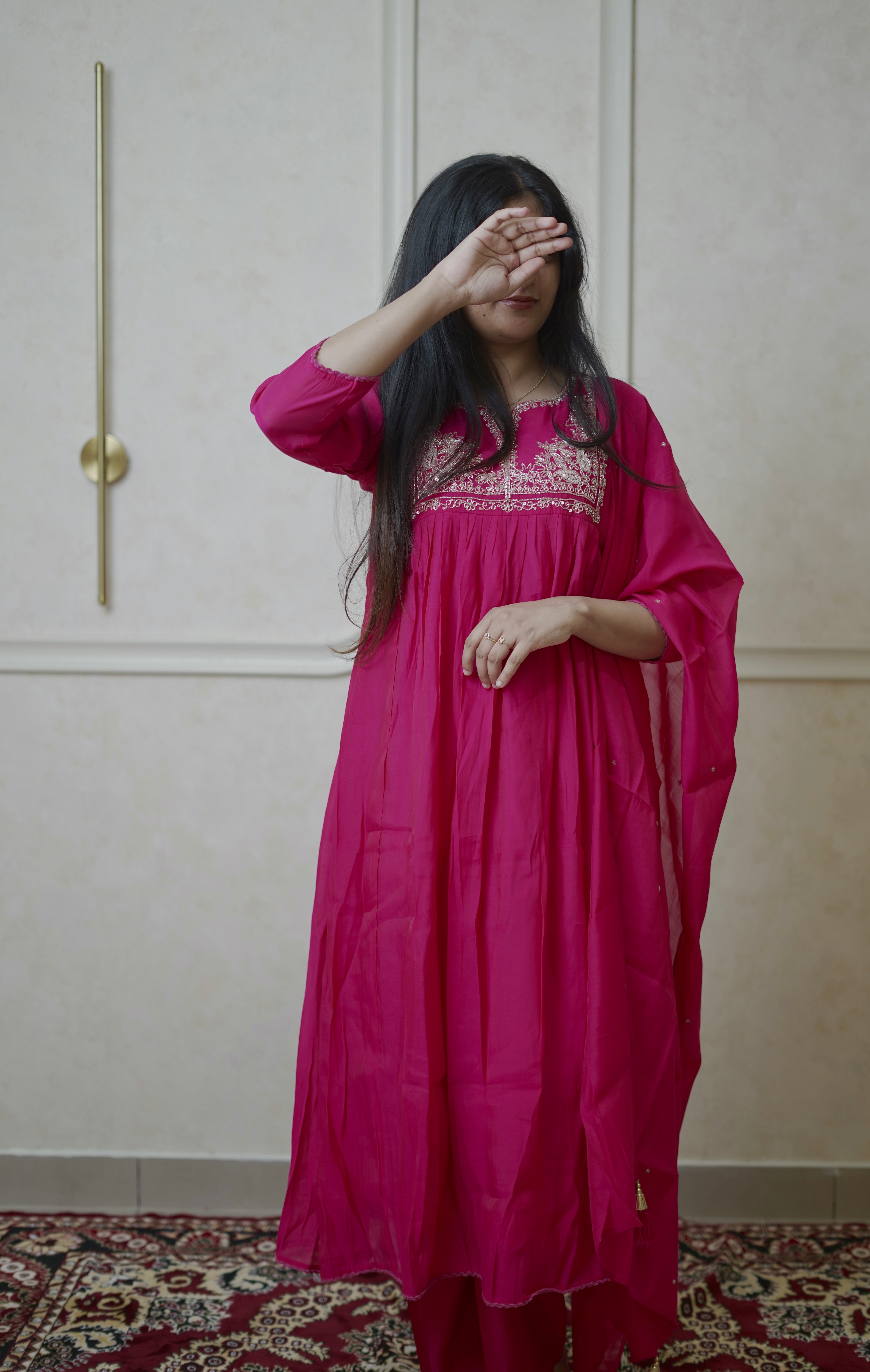 Semi Chanderi Salwr Set - Rani Pink
