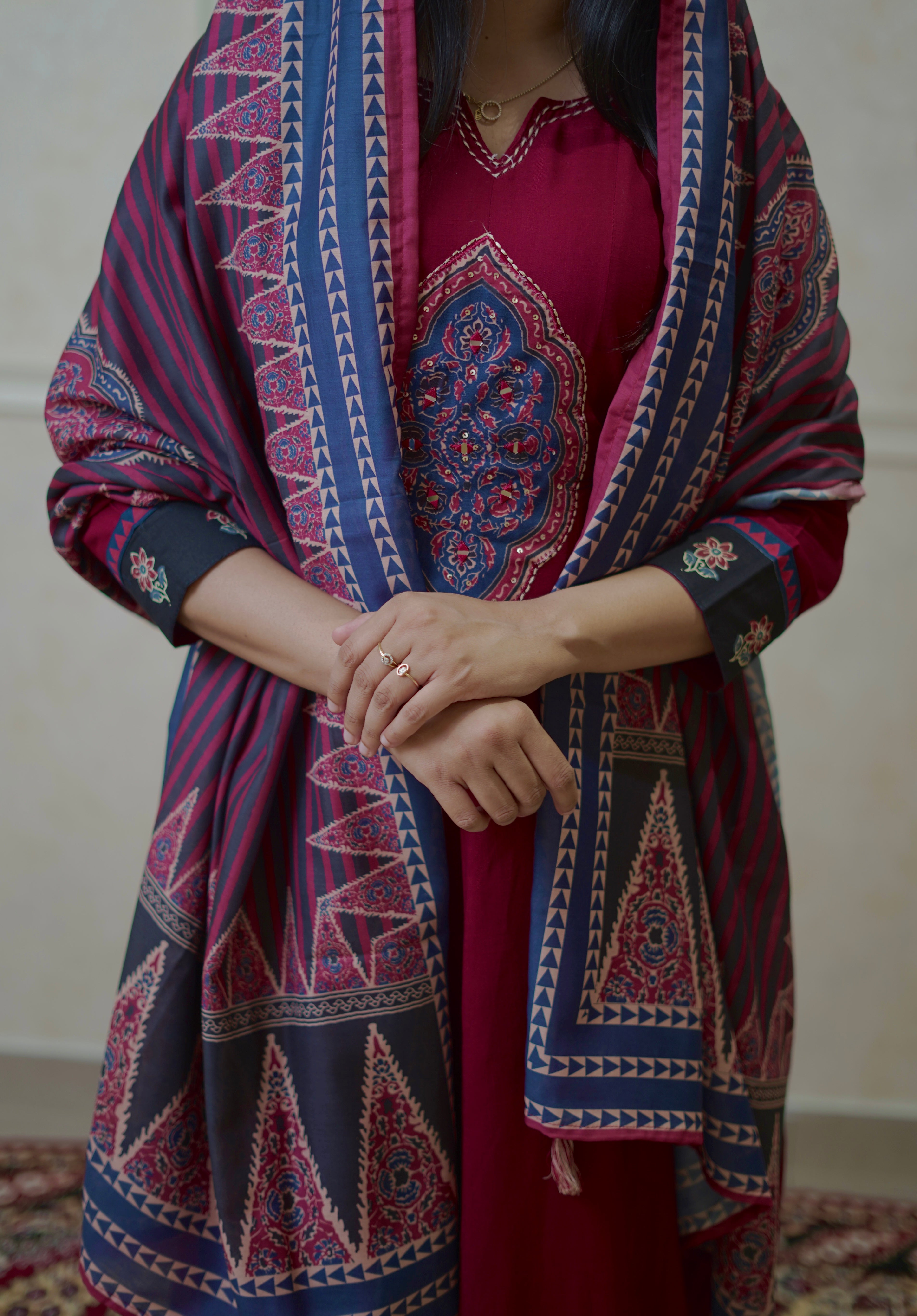 Soft Cotton Crimson Suit Set With Ethnic Print Duppatta