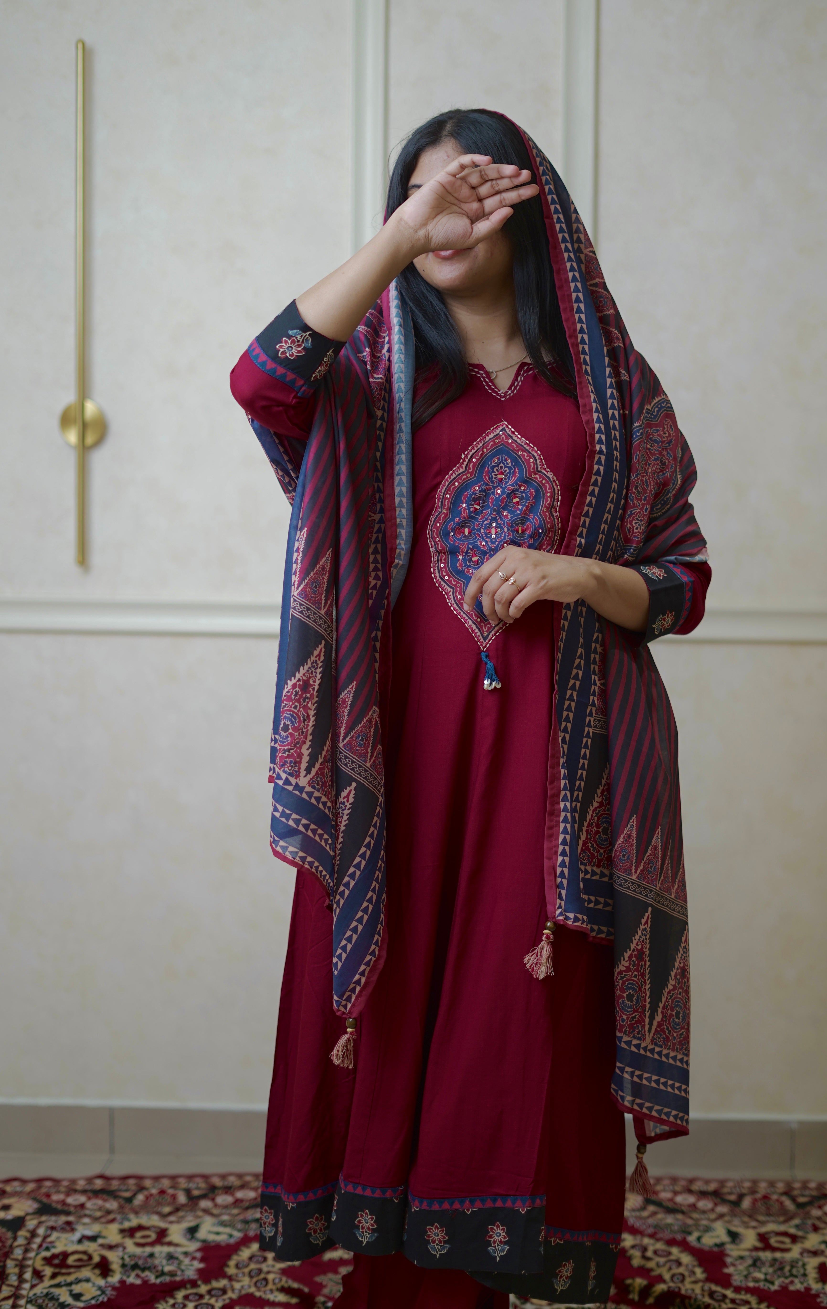 Soft Cotton Crimson Suit Set With Ethnic Print Duppatta