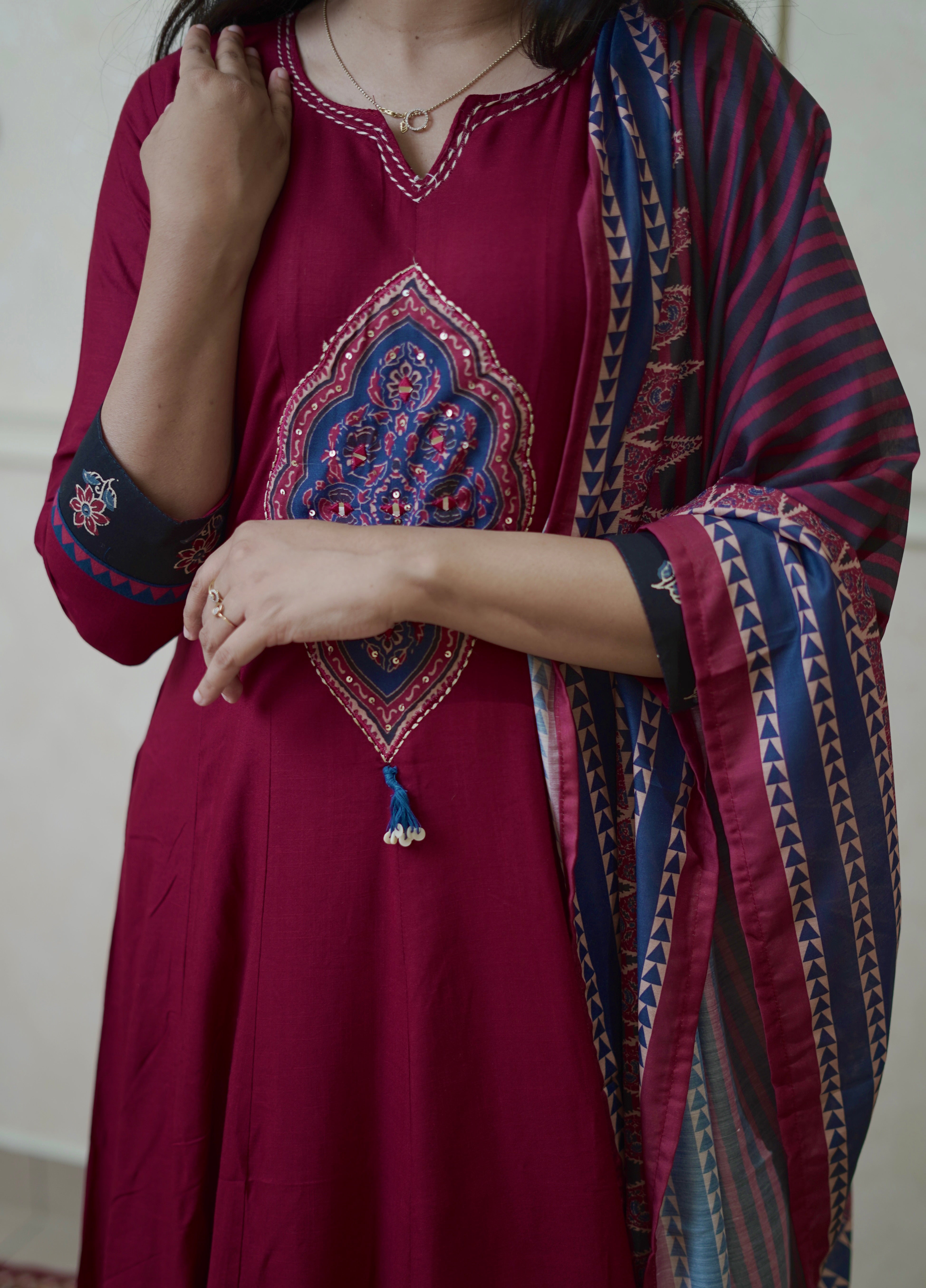 Soft Cotton Crimson Suit Set With Ethnic Print Duppatta