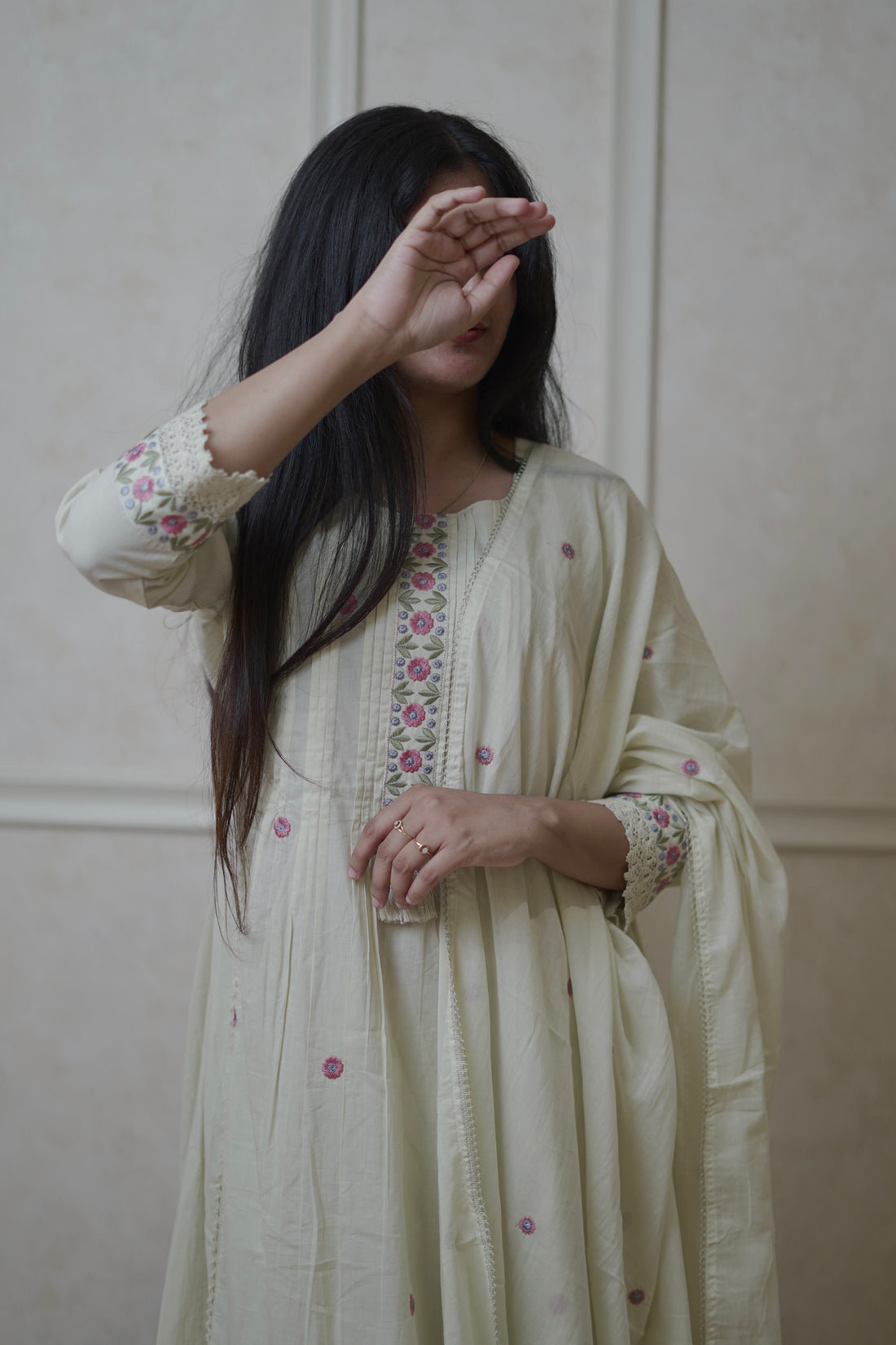 Soft Ivory Floral Embroidered Suit Set
