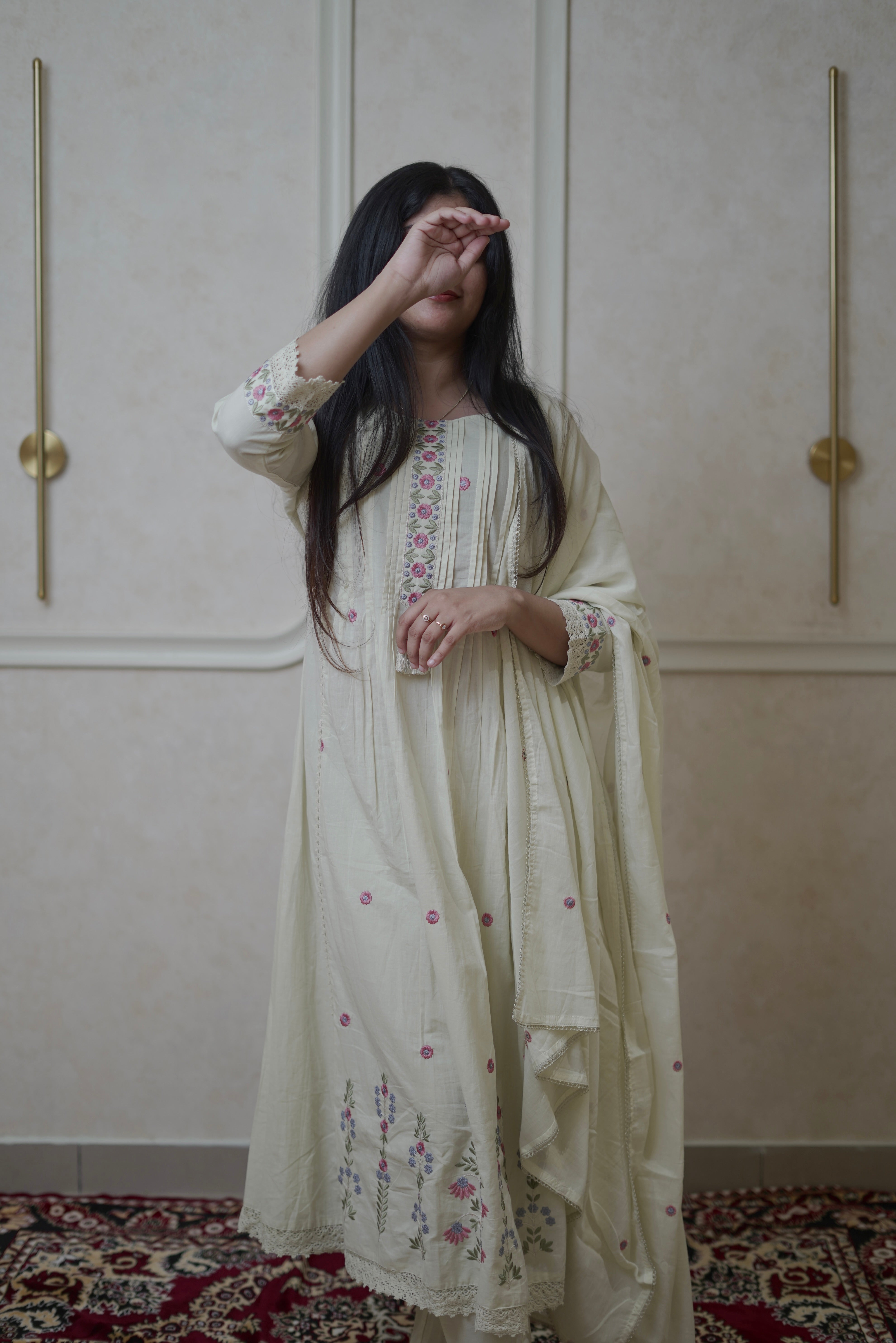 Soft Ivory Floral Embroidered Suit Set