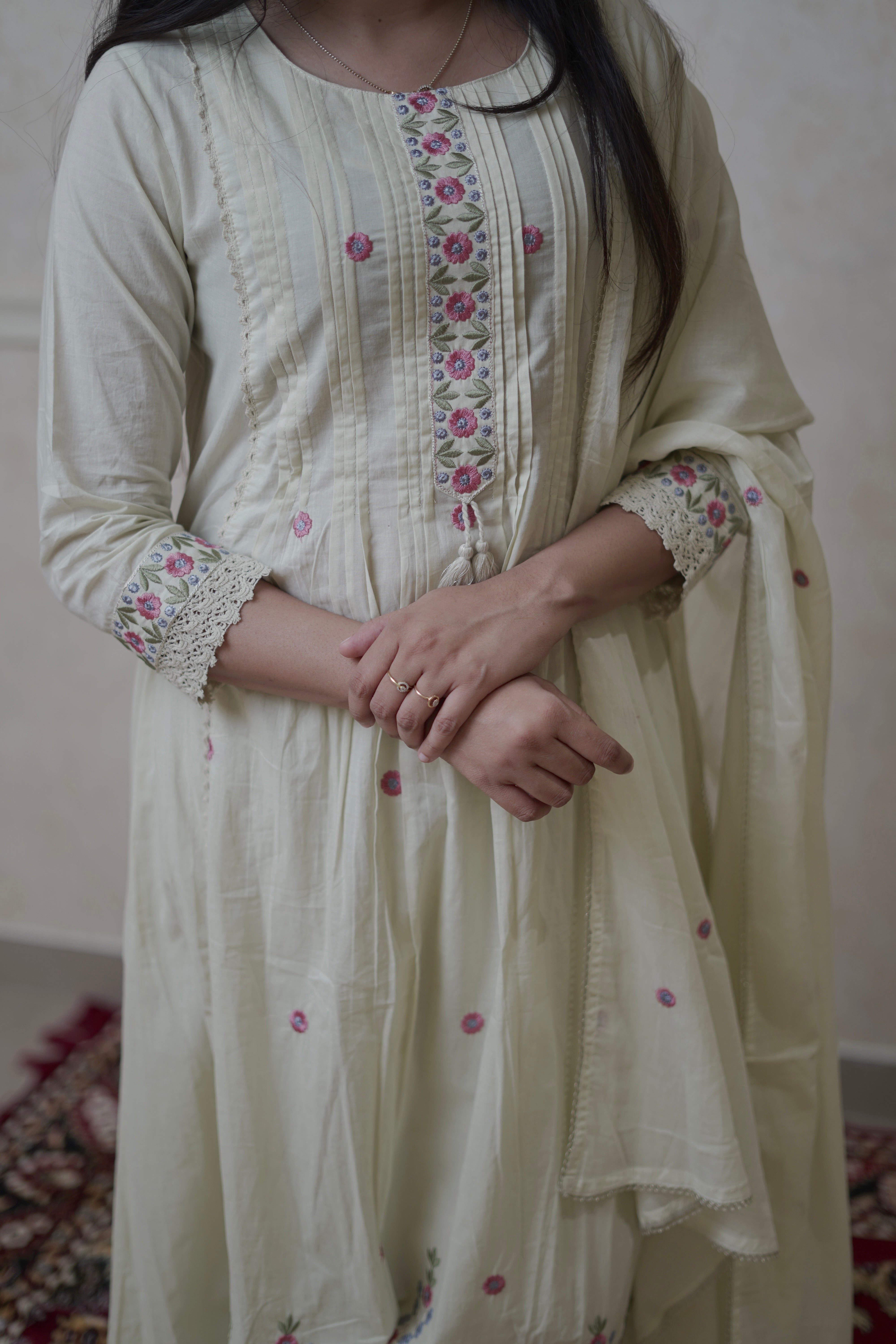 Soft Ivory Floral Embroidered Suit Set