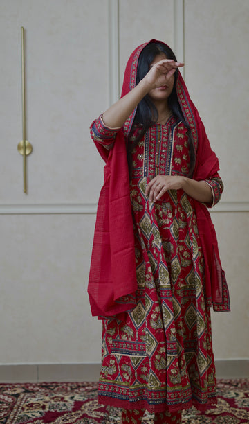 Gulnaar Floral Anarkali Set - Rani Red