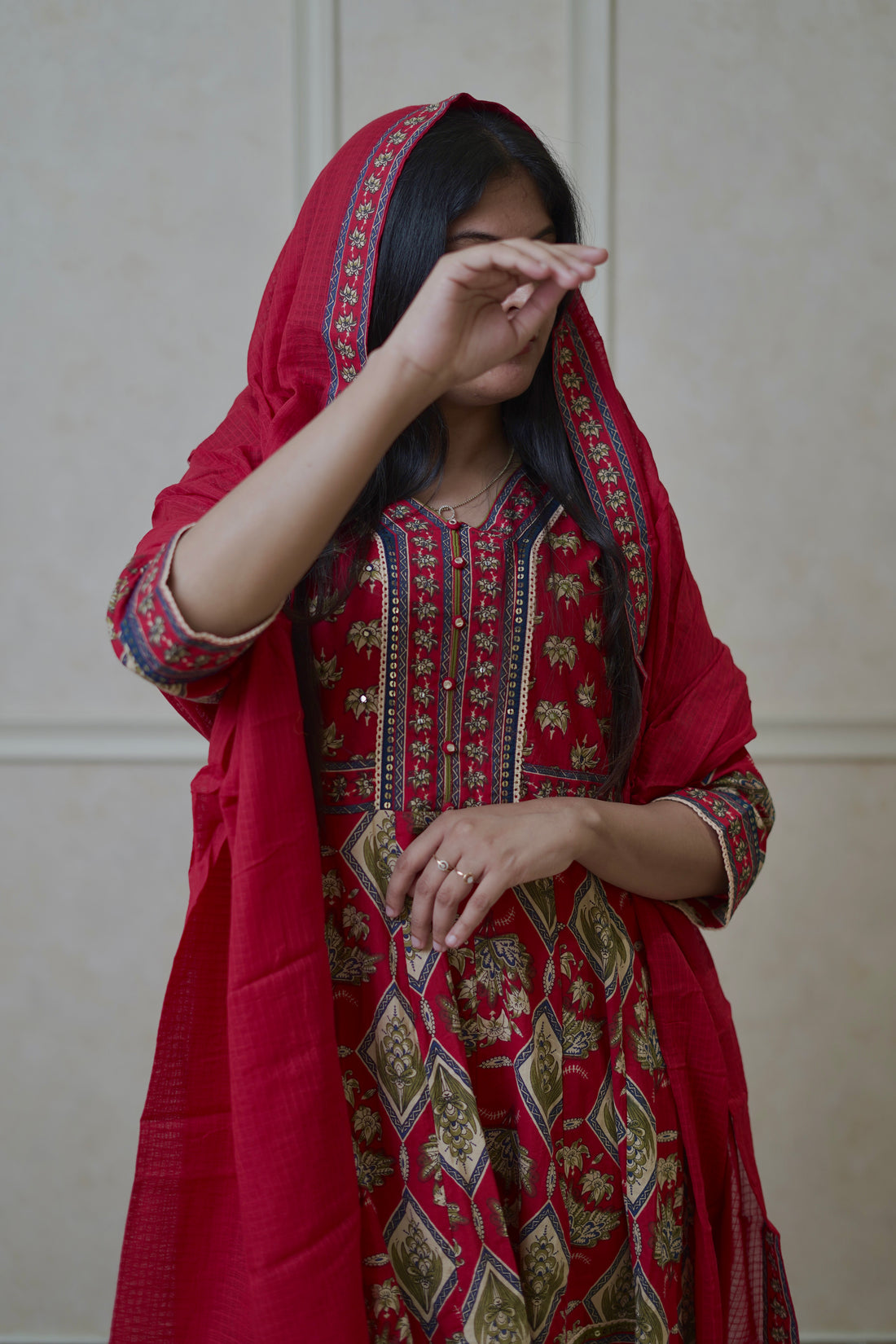 Gulnaar Floral Anarkali Set - Rani Red