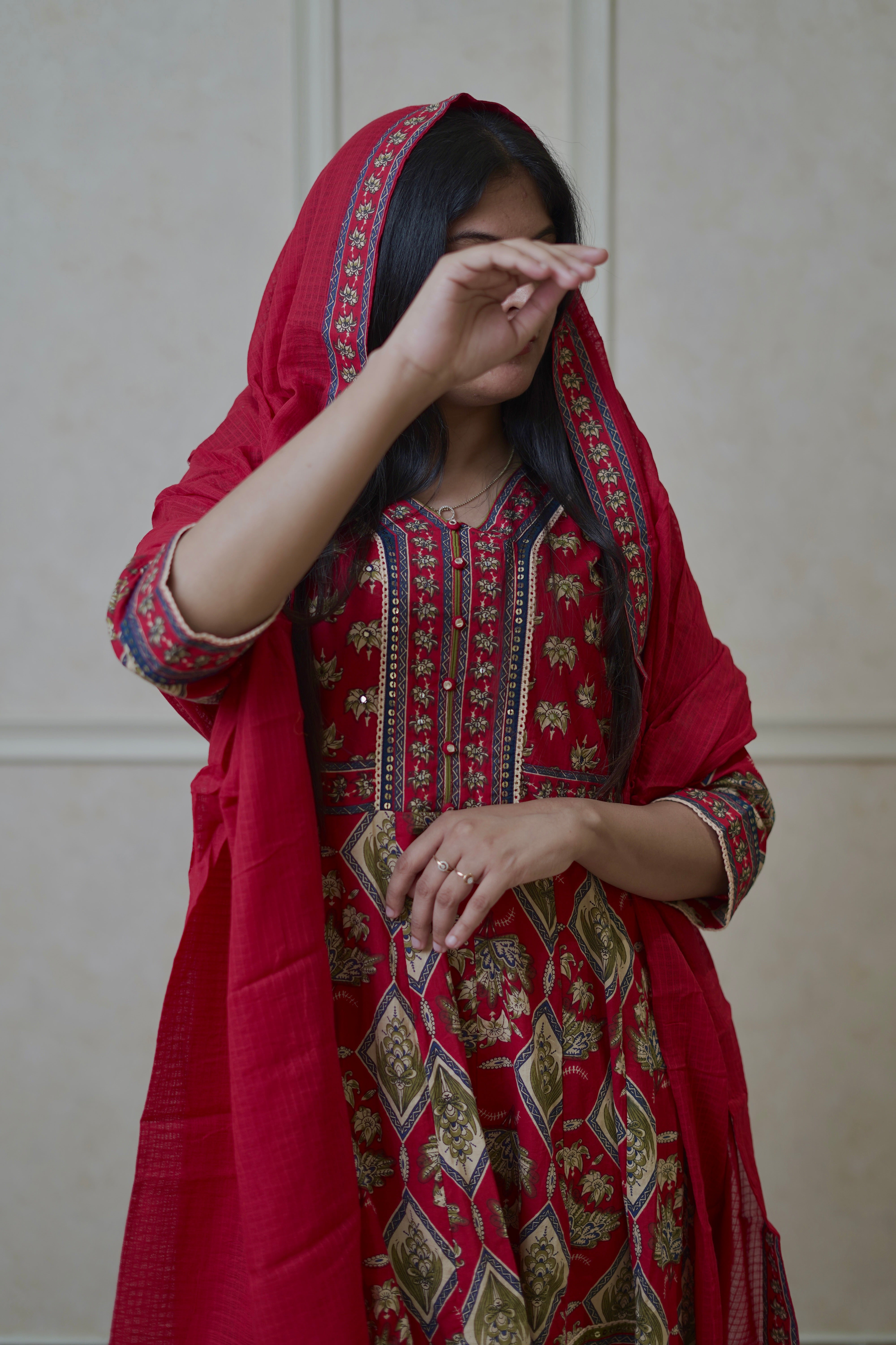 Gulnaar Floral Anarkali Set - Rani Red