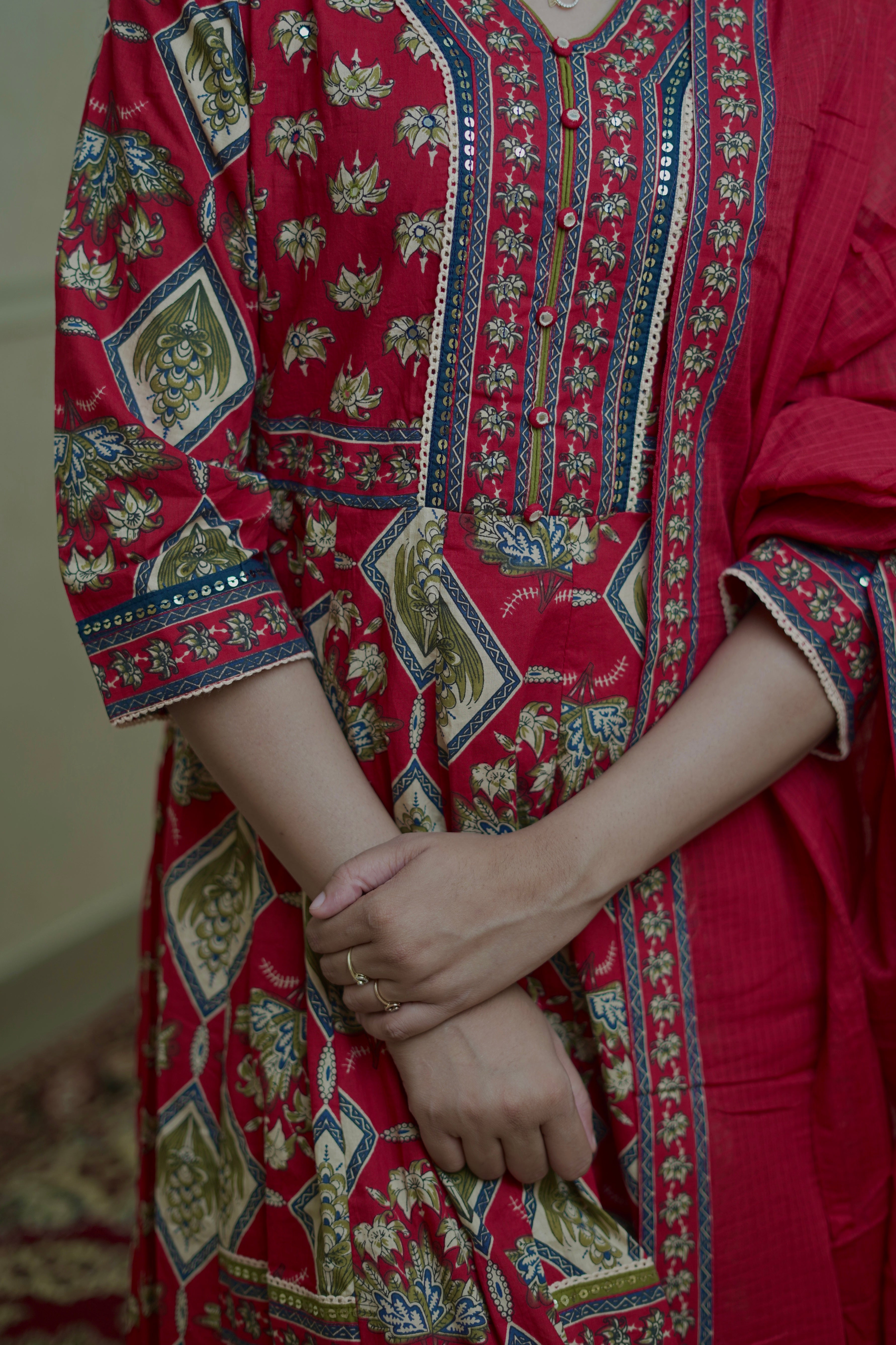 Gulnaar Floral Anarkali Set - Rani Red