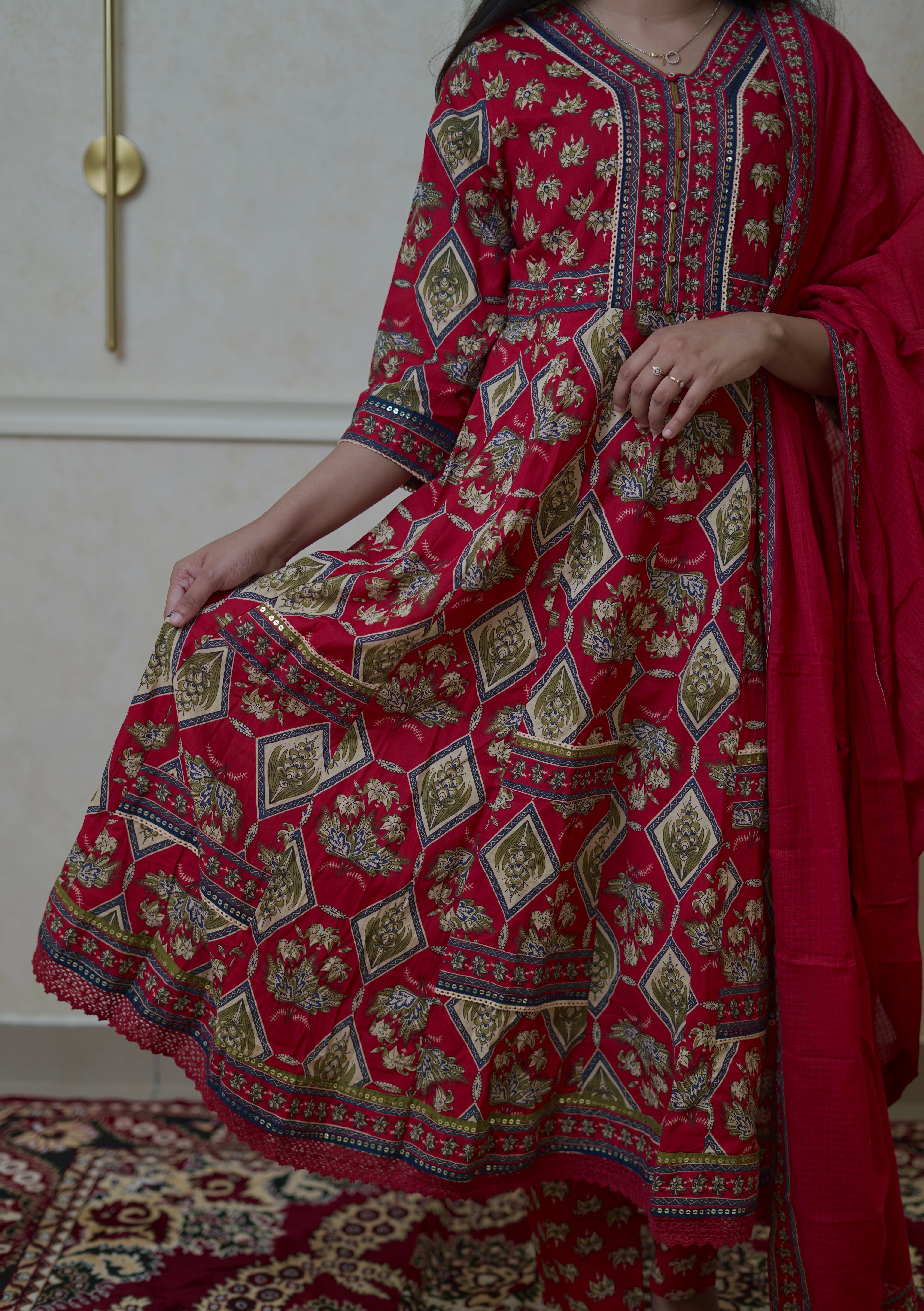 Gulnaar Floral Anarkali Set - Rani Red