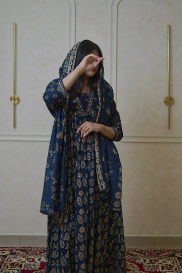 Noor Indigo Floral Anarkali Set - Navy Blue