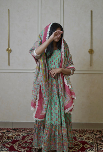 Mint Blossom Floral Anarkali Set - Aqua Green