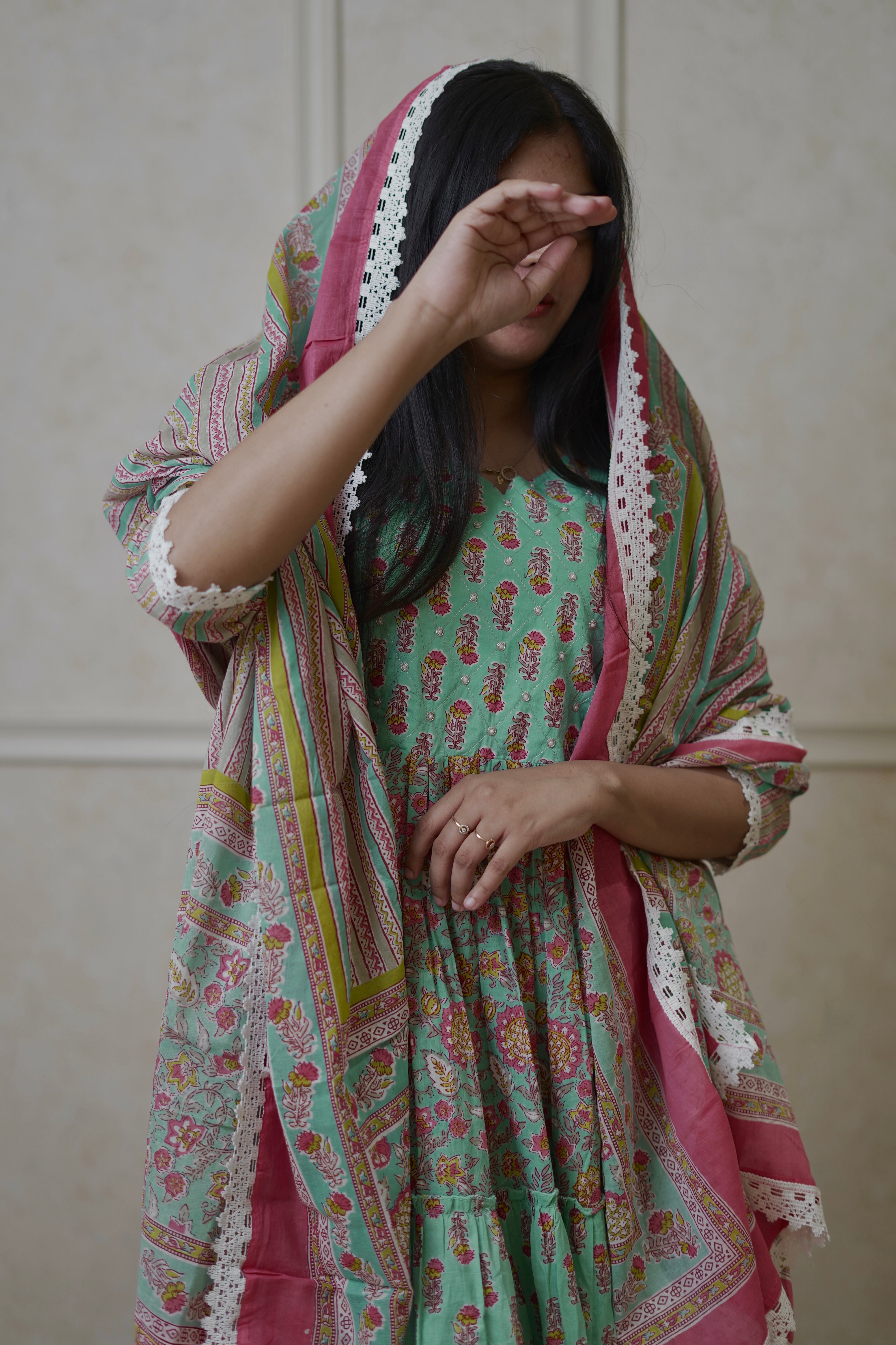 Mint Blossom Floral Anarkali Set - Aqua Green
