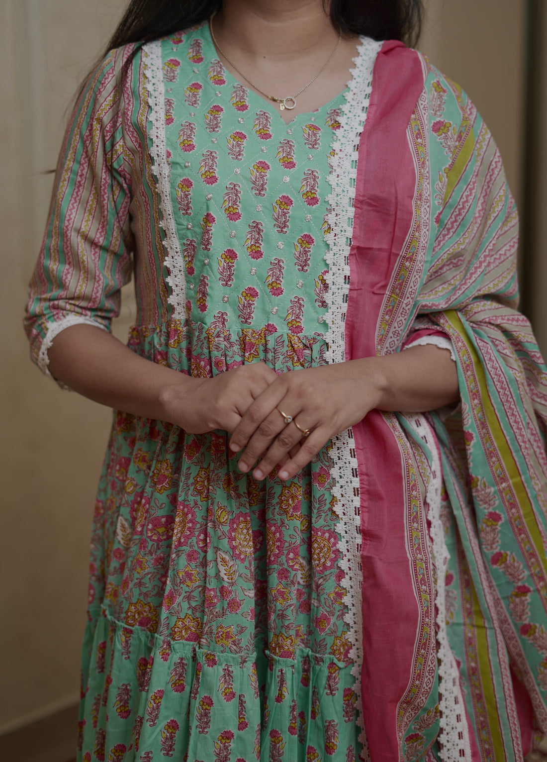 Mint Blossom Floral Anarkali Set - Aqua Green