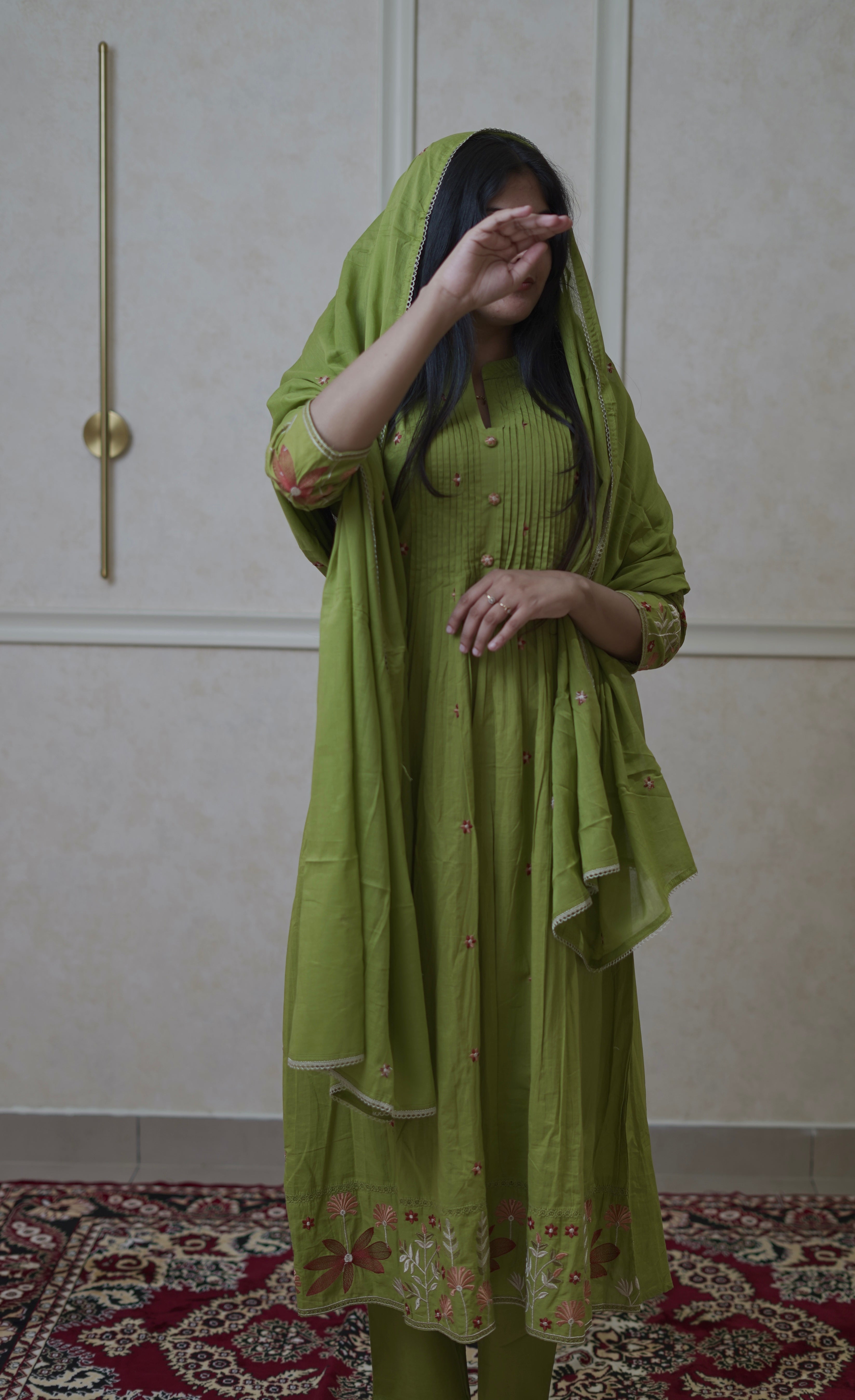 Sage Bloom Embroidered Suit Set - Olive Green