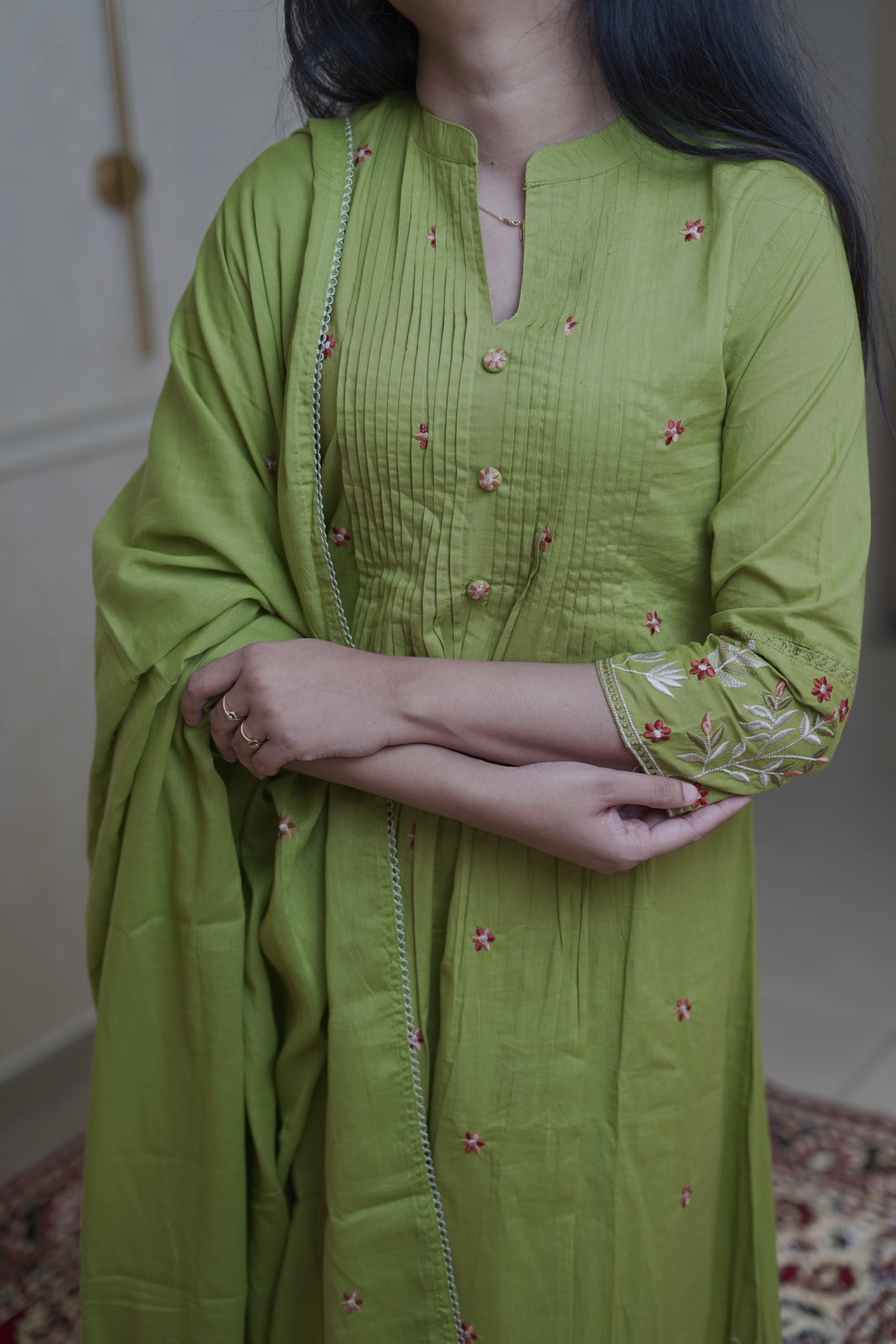 Sage Bloom Embroidered Suit Set - Olive Green