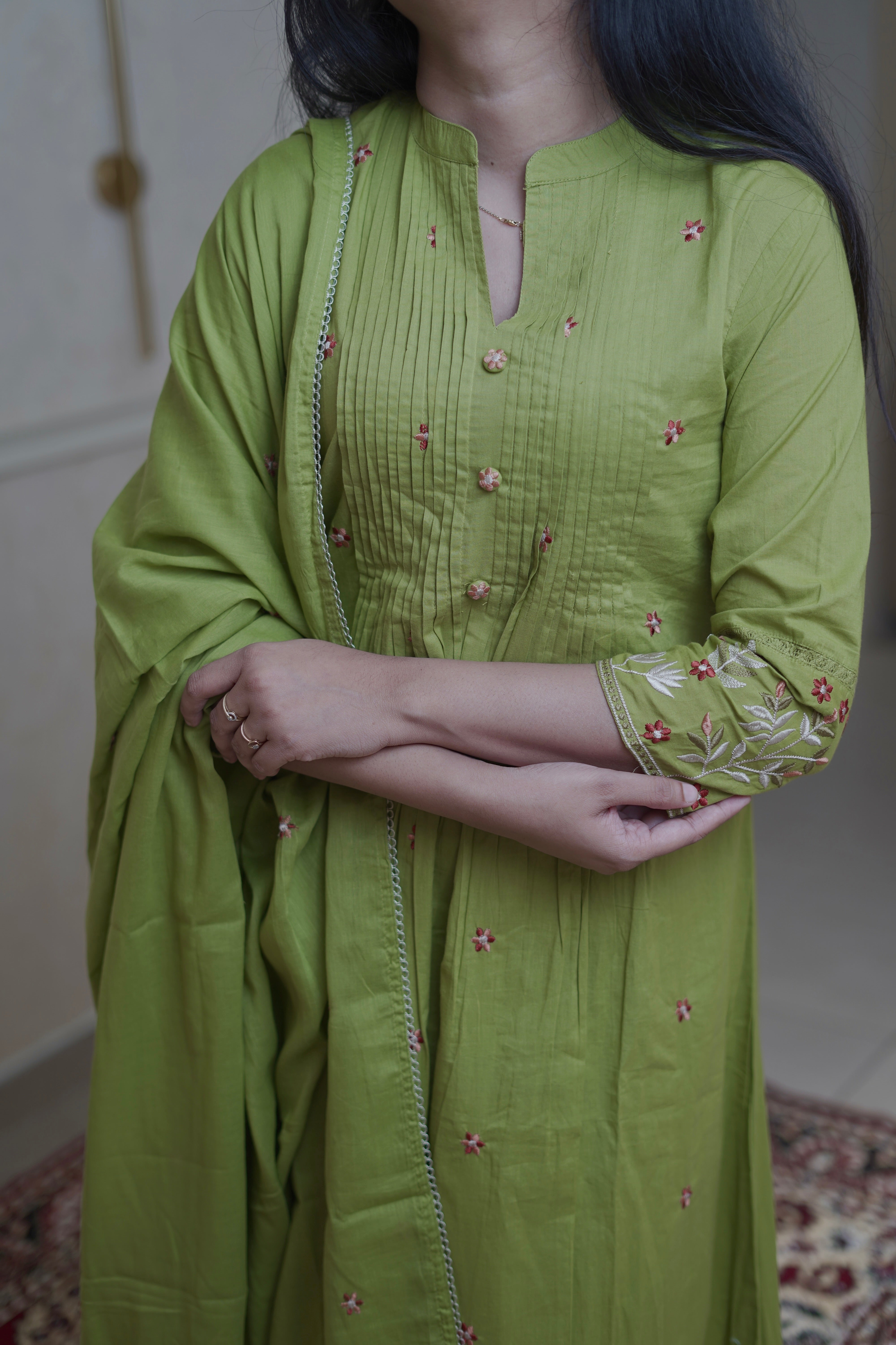 Sage Bloom Embroidered Suit Set - Olive Green