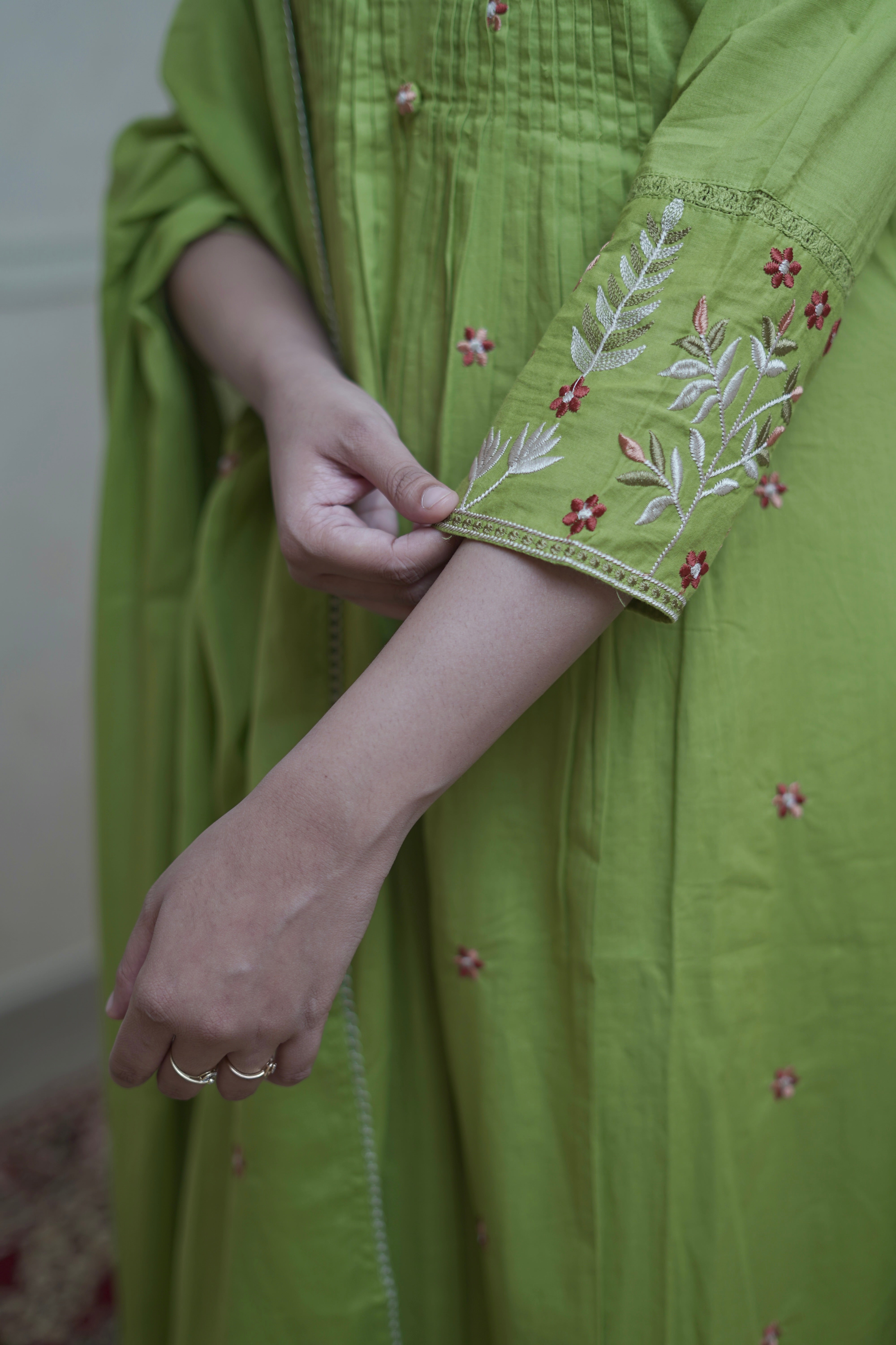 Sage Bloom Embroidered Suit Set - Olive Green