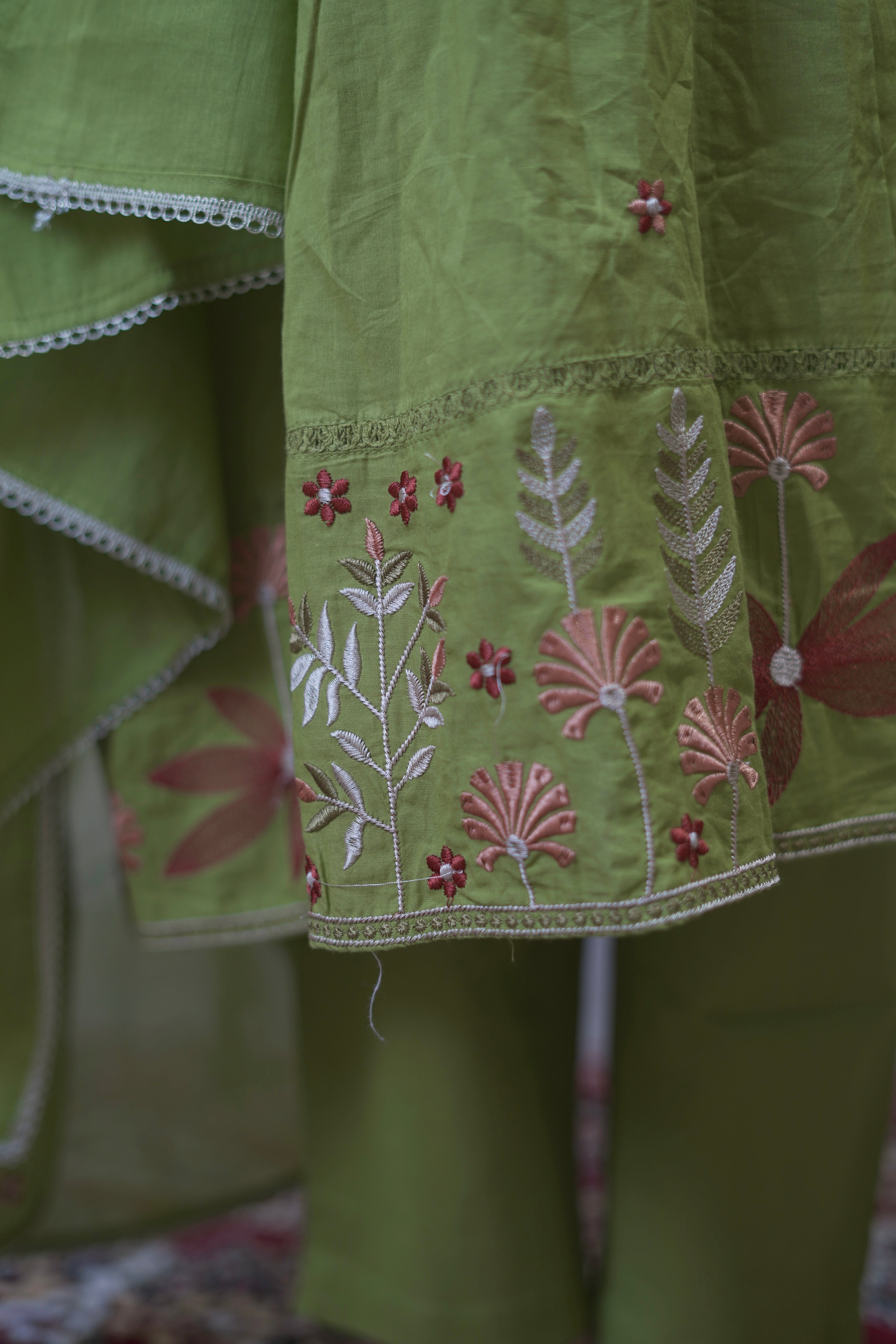 Sage Bloom Embroidered Suit Set - Olive Green